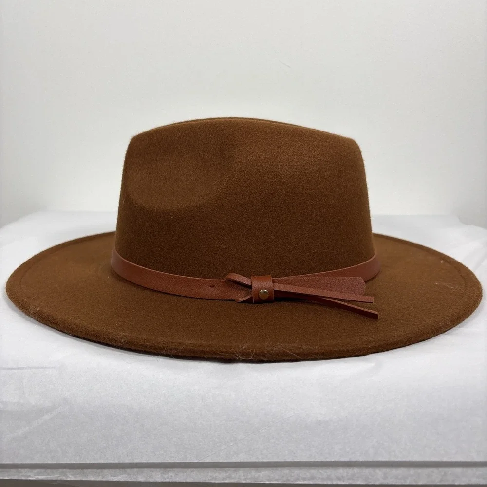 Large Wide Brim Felt Fedora Panama Cowboy Girl Hat Casual Jazz Cap Women Brown